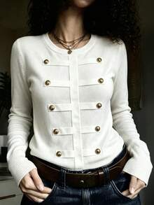 Women's Knitted Pullover Sweater, Autumn/Winter Knit Top With Double-Row Metal Buttons, Elegant Round Neck, Comfortable Minimalist Design With Multiple Vintage Gold Metal Buttons, Sophisticated And Refined, Clean And Versatile, Suitable For Commuting, Daily Wear, And Dating - White - View 1