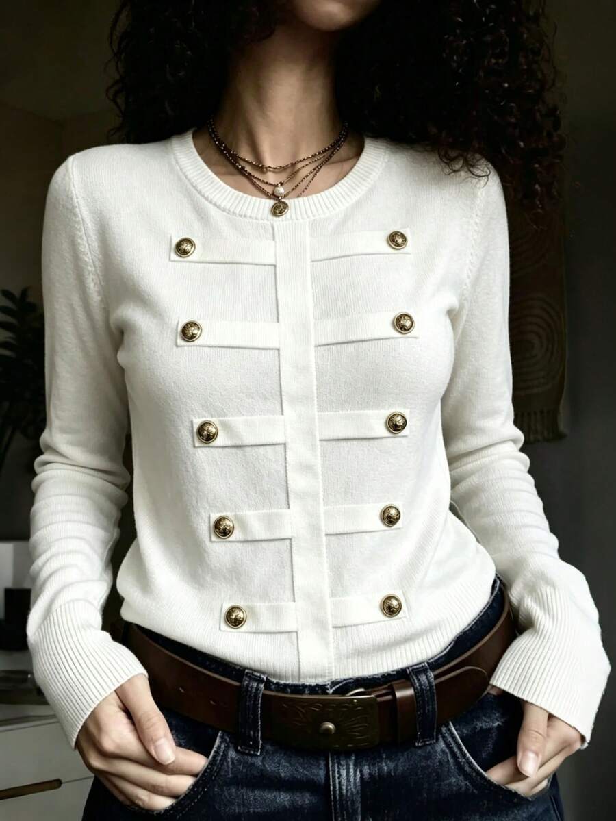 Women's Knitted Pullover Sweater, Autumn/Winter Knit Top With Double-Row Metal Buttons, Elegant Round Neck, Comfortable Minimalist Design With Multiple Vintage Gold Metal Buttons, Sophisticated And Refined, Clean And Versatile, Suitable For Commuting, Daily Wear, And Dating - White - View 1