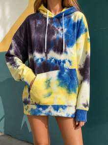 1pc Women's Tie-Dye Hooded Sweatshirt, Outdoor Mountain Style, Kangaroo Pocket, Drawstring Pullover, Versatile Jacket For Cycling, Climbing - Yellow - View 11