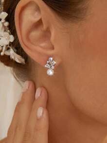 Round Pearl Earrings With Diamonds, Minimalist Style Pearl Studs, Delicate Pearl Earrings, Wedding Accessories, Bridesmaid Gift. - Silver - View 1