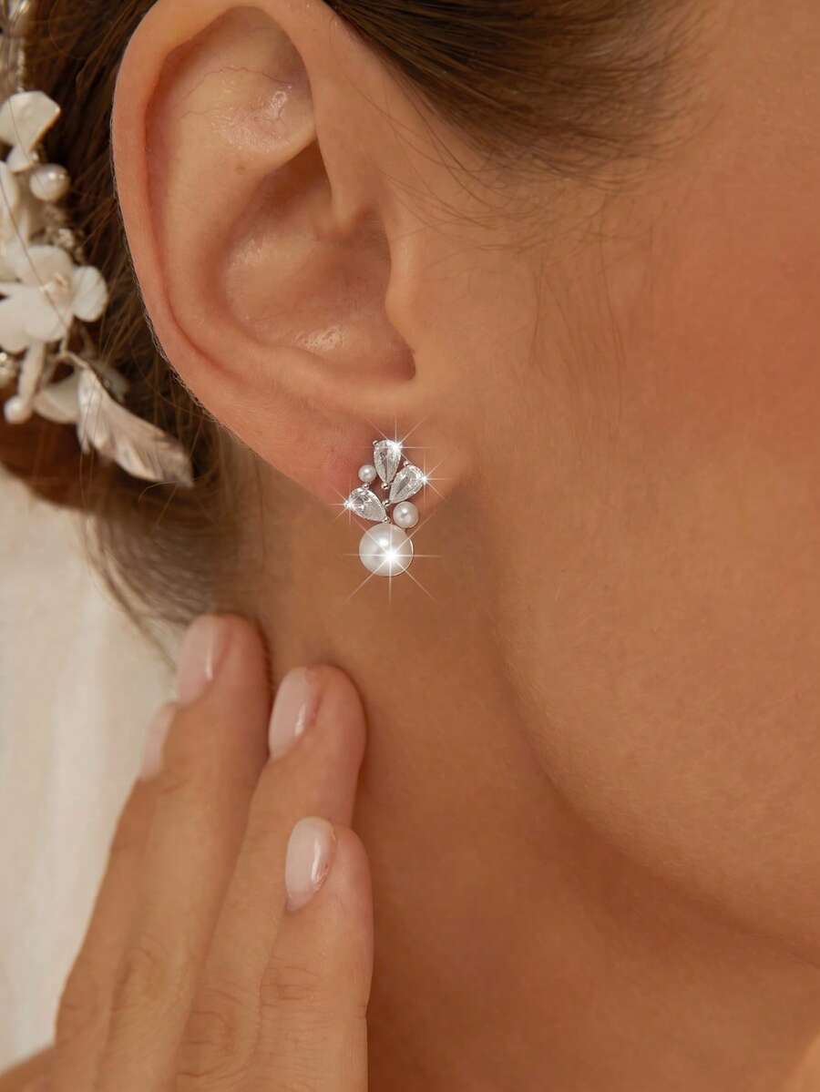 Round Pearl Earrings With Diamonds, Minimalist Style Pearl Studs, Delicate Pearl Earrings, Wedding Accessories, Bridesmaid Gift. - Silver - View 1