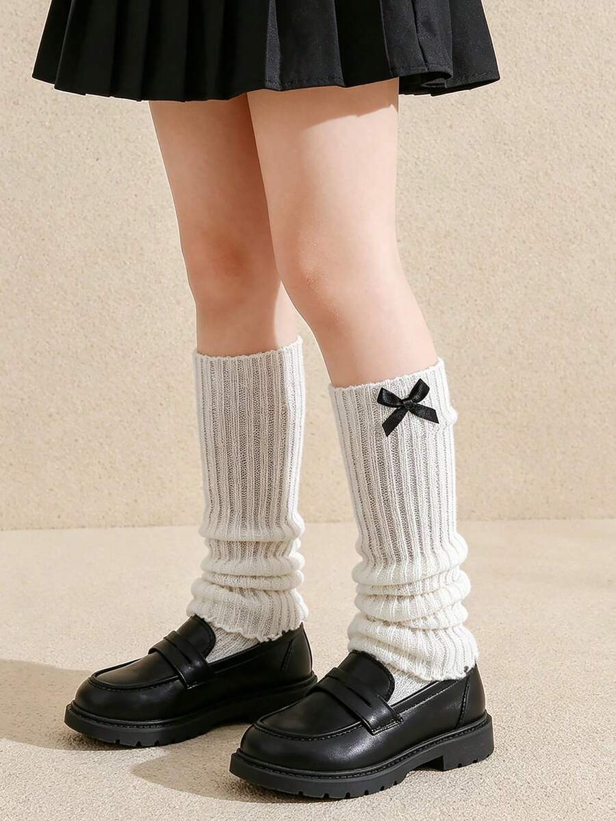 1 Pair Girls Bowknot Ruffle Leg Warmers, Sweet Princess Lady Style, Versatile For Spring, Autumn And Winter, Suitable For 3-12 Years Old Girls Back To School Season - White - View 1