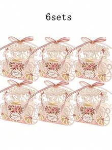 6 Sets European Style Creative Hollow Floral Gift Box Set - "Princess Carriage" Gift Box, With Pink Ribbon. Suitable For Wedding Favors, Bridal Shower, Baby Shower And Birthday Party, Also As A Creative Gift Packaging Option For Christmas. - Multiple Styles - View 13