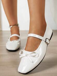 女款復古瑪麗珍平底鞋，雙扣帶設計，四季皆宜 - 白色 - 查看 1
