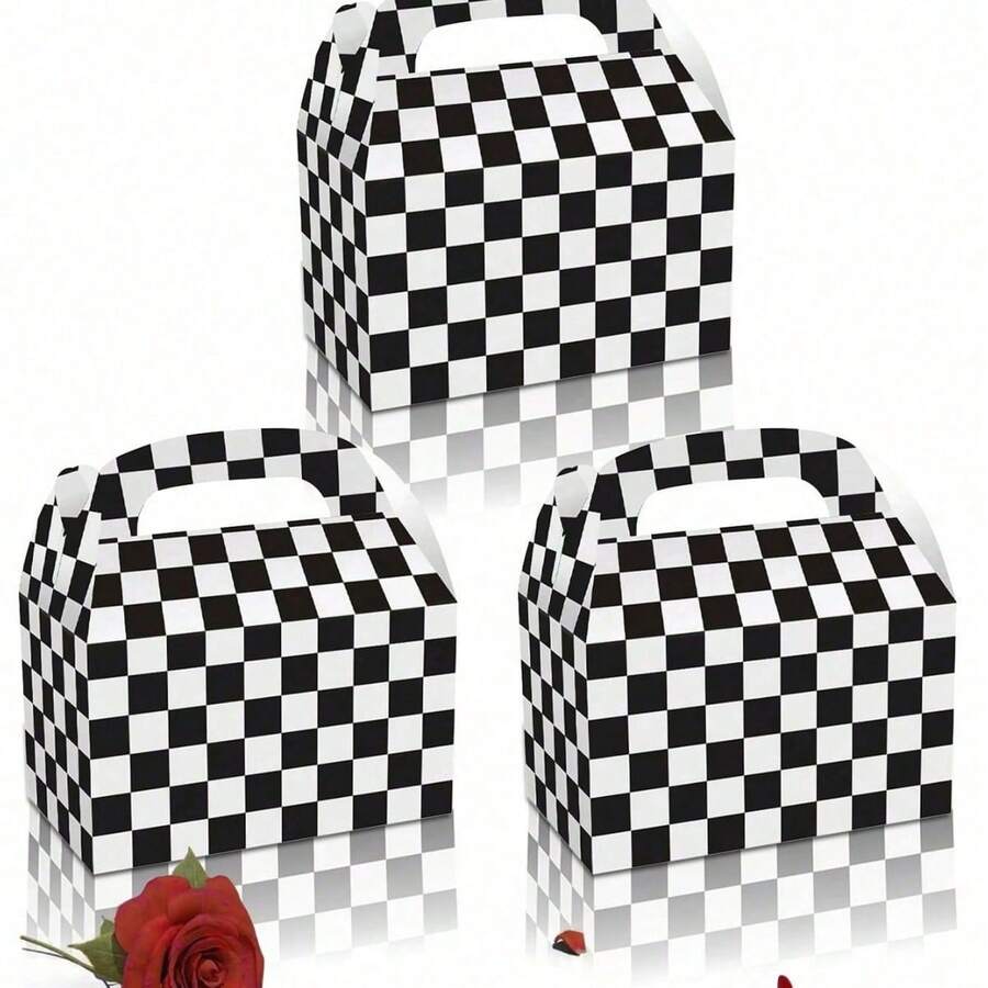 6/12pcs Black & White Checkered Gift Boxes, Racing Theme Party Snack Boxes, Party Favor Boxes, DIY Gift Bags, Triangle Snack Boxes With Handles, Suitable For Birthday Party Decoration, Halloween, Christmas Decoration
