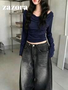 韓式修身露肩百搭長袖T恤上衣 秋季服飾 - 藏青色 - 查看 9