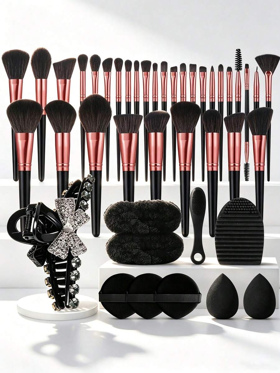 42/32 Pcs Black Rose Red All In One Makeup Tools Set,32Pcs Makeup Brushes,Rhinestone Bow Hair Claw,2Pcs Wrist Bands,Small Cleaning Brush,Silicone Cleaning Mat,3 Cushion Powder Puffs,Makeup Sponges For Daily Full Face Makeup - Multicolor - View 1