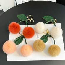 Cute Cherry Faux Rabbit Fur Ball Bag Charm, Leather Leaf Plush Cherry Keychain, Soft Girly Bag Pendant Decoration, Small Gift For Best Friend Birthday And Holiday - Multicolor - View 1