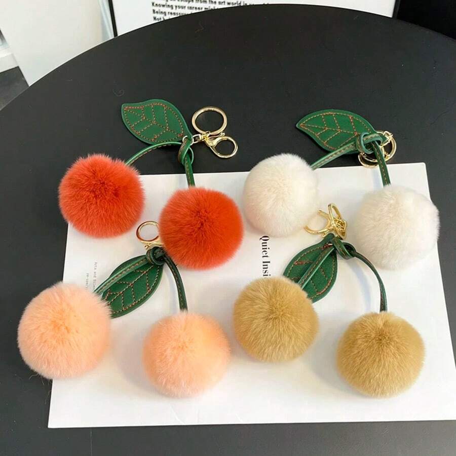 Cute Cherry Faux Rabbit Fur Ball Bag Charm, Leather Leaf Plush Cherry Keychain, Soft Girly Bag Pendant Decoration, Small Gift For Best Friend Birthday And Holiday - Multicolor - View 1