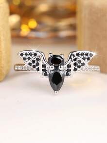 Gothic Bat Shape Ring Black Zirconia Inlaid Punk Finger Ring Halloween Party Statement Jewelry Gift For Men Women - Black - View 2