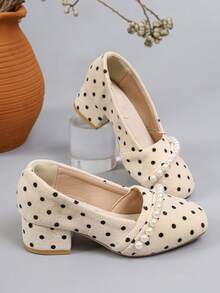 A Pair Of Cute Vintage Low-Heeled Shoes For Girls With Pearl Straps, Polka-Dot Square-Toe High Heels, Suitable For Parties And Daily Outfits - Apricot - View 2