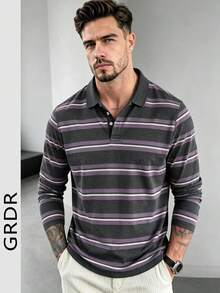 GRDR Men's American Vintage Long Sleeve Striped Print Polo Collar Shirt, Suitable For Commuting Wear - Dark Grey - View 2