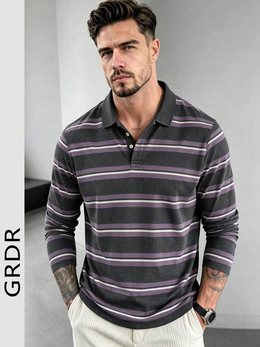 GRDR Men's American Vintage Long Sleeve Striped Print Polo Collar Shirt, Suitable For Commuting Wear