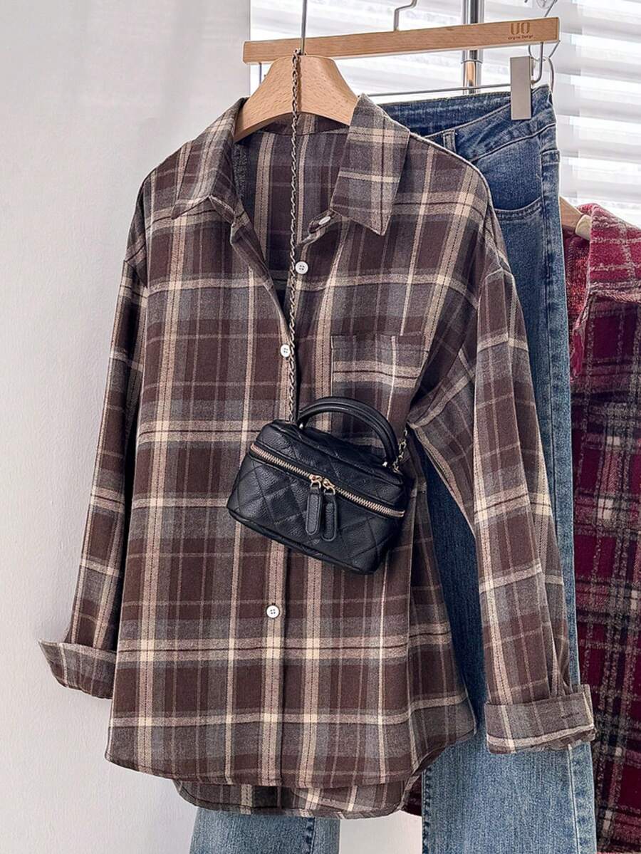 Plus Size Women's Plaid Long Sleeve Single-Breasted Casual Shirt - Brown - View 1