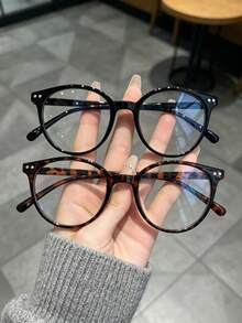 2 Pairs/1 Pair Round Frame Glasses With Rivets And Vintage Leopard Print, Made Of PC Material, Y2K Style, Phone Accessory, Women's Glasses, Transparent Glasses, Suitable For Daily Wear, School, Gaming, Party And Campus Life - Transparent - View 6