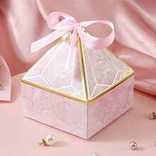 10pcs(5pcs Bags+5pcs Ribbons) Pyramid Wedding Candy Boxes, Pink Marble Texture Candy Gift Boxes With Ribbon And Pearl Decoration, Paper Dessert Packaging Boxes, Bride Shower Party Storage Boxes, Can Hold Chocolates, Cookies, Jewelry, Wedding Guest Thank You Gift Packaging, Engagement Birthday Party Decoration, Foldable Flat Empty Gift Boxes, Wedding Souvenir DIY Gift Boxes - Pink - View 2