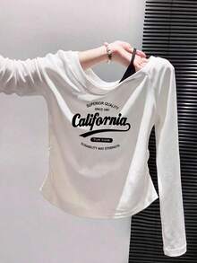 Pure Desire Style One-Shoulder Cold Shoulder Long Sleeve Fitted Waist Curved Hem White Print T-Shirt For Women, Autumn - White - View 4