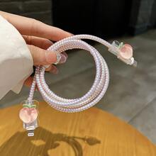 5pcs Apple UK 20W Charger Protective Case Cable Protector Set, Cute Peach Silicone Cable Cord Wrap, Laser Pink Data Cable Spiral Protector, Anti-Breakage Cable Tube Sleeve - Pink Peach - View 6