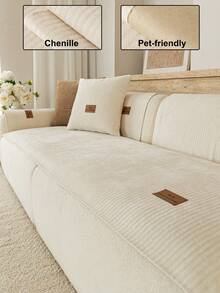 1pc Solid Color Chenille Decorative Sofa Cover, Vacation Decor Pet-Friendly Machine Washable, Living Room Bedroom Sofa Cover Old Sofa Renewal, Suitable For 1/2/3/4 Seat Armrest Backrest Cover - Beige - View 1