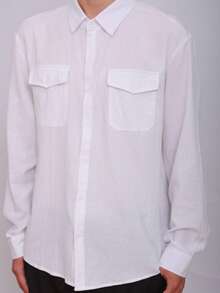Men's Textured Wrinkled Double Pocket Long Sleeve White Shirt, Casual Workwear Shirt - White - View 2