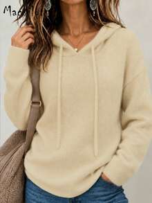 Sweater Rajut Polos Ukuran Besar untuk Musim Gugur dan Musim Dingin, Hoodie Berbulu dengan Tali Serut, Pullover Kasual Lengan Panjang Slim Fit untuk Perjalanan Sehari-hari - Aprikot - View 3