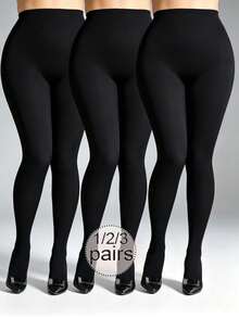 1 Pair 80g Tights, Coffee, Grey, Black, Medium Thick With Lining. Spring/Autumn/Winter Style, Apricot Sheer Leggings - Black - View 1