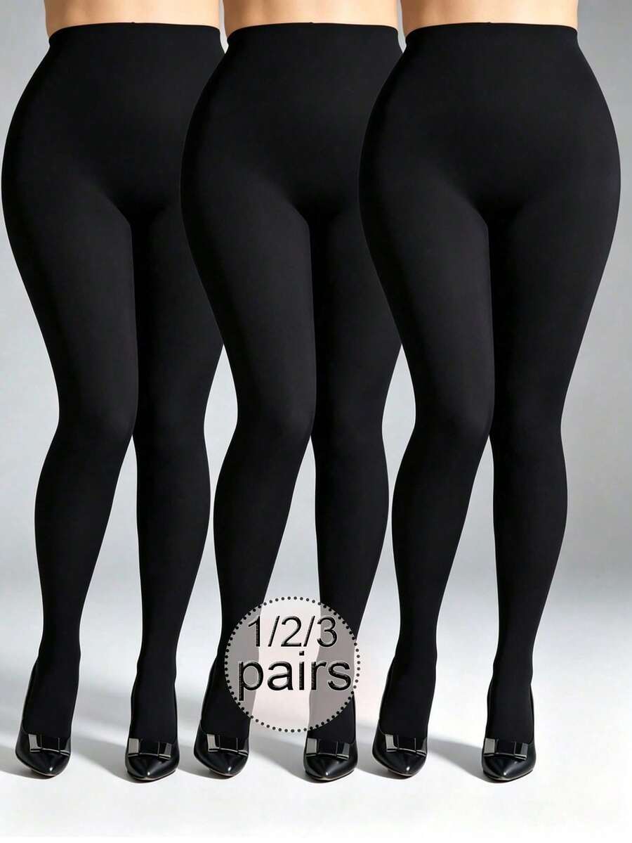 1 Pair 80g Tights, Coffee, Grey, Black, Medium Thick With Lining. Spring/Autumn/Winter Style, Apricot Sheer Leggings - Black - View 1