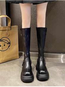 日韓風女款粗跟厚底高跟靴，黑色時尚靴，新款高跟優雅修身靴，極簡主義及膝靴，方頭長靴，厚底靴，優雅黑色及膝靴 - 黑色 - 查看 10