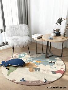 1 pieza Alfombra redonda con estampado de animales del mundo de dibujos animados, alfombra decorativa para sala de estar, adecuada para cocina, comedor, dormitorio, junto a la cama, felpudo antideslizante para interiores y exteriores, oficina, estudio, sala de juegos y área de juegos - Multicolor - Ver 15