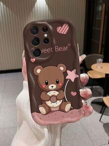 Creamy Dopamine Wavy Ruffle Soft TPU Texture Cute Chocolate Color Donut Heart Bear Phone Case Compatible With Galaxy S21 S22 S23 S24 S25 S26/Honor/ And More Models - White - View 3