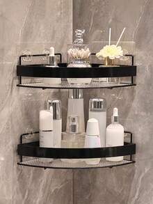 Bathroom Corner Shelf, Double-Layer Wall Corner Storage Rack With Hooks, Bathroom Supplies Storage Rack, Hole-Free Bathroom Toilet Shower Corner Rack, Bathroom Shelf, No-Drill Adhesive Wall Rack - Multicolor - View 9