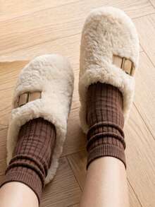 Women's Solid Color Slip-On Thermal Lined Anti-Slip Flat Fashion Versatile Home Slippers Suitable For Autumn/Winter - White - View 3