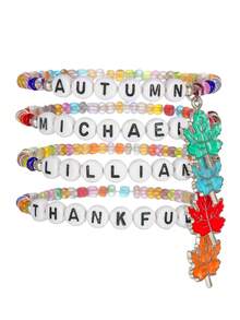 Classic Thanksgiving Alloy Maple Leaf Pendant And Colorful Acrylic Beaded Elastic Bracelet Set, Perfect Gift For Women To Wear At Holiday Parties - Colorful - View 5