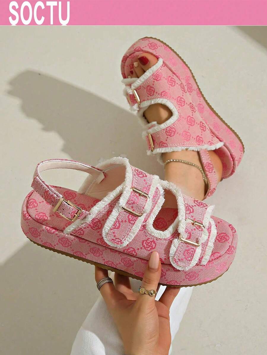 Women's Round Toe Thick Sole Retro Floral Print Platform Slip-On Beach Sandals, Fashion & Versatile