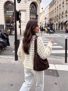 Fashion Women's Hollow Knit Cardigan Jacket With Pockets And Buttons, Suitable For Coffee Date, Autumn/Winter, Christmas, New Year - Apricot - View 3