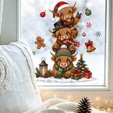 1/3pcs Cute Christmas Highland Cow Window Stickers, Double-Sided Visible PVC Static Cling Glass Decals, Suitable For Winter Holiday Party Window Display - Multicolor - View 1
