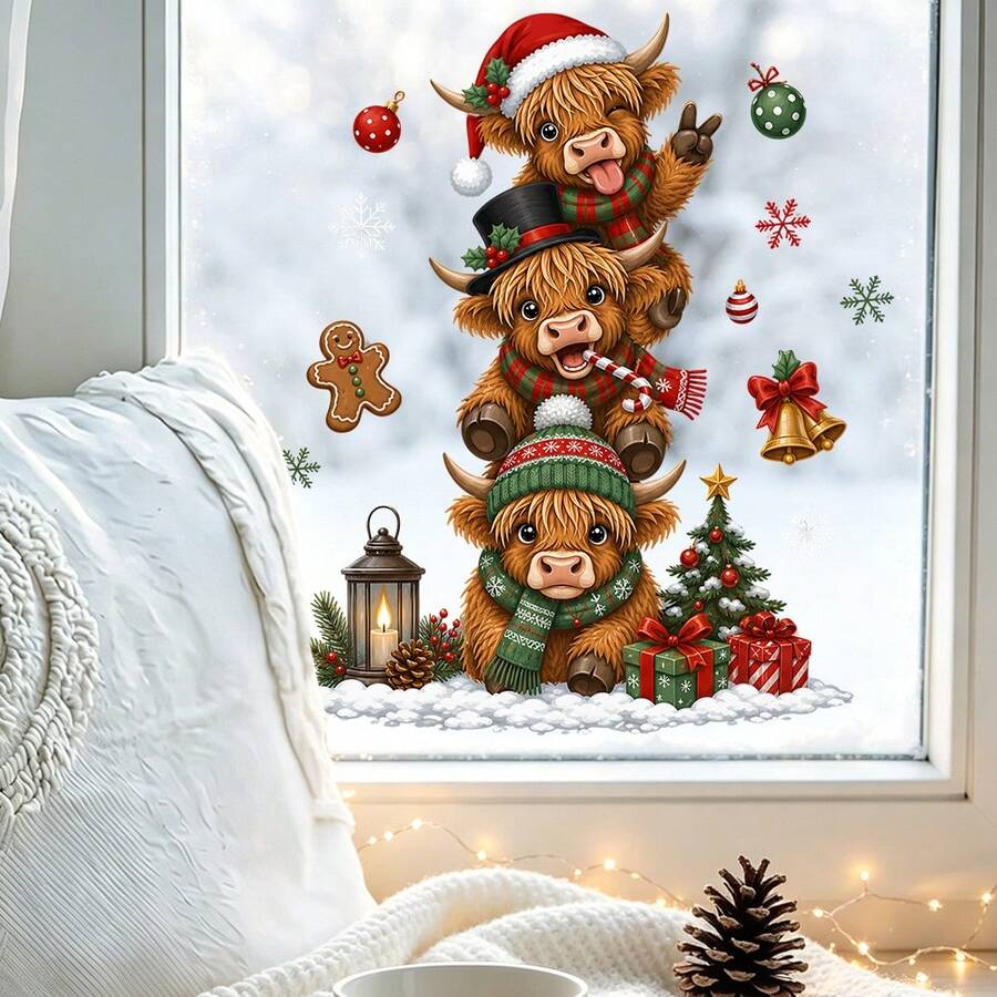 1/3pcs Cute Christmas Highland Cow Window Stickers, Double-Sided Visible PVC Static Cling Glass Decals, Suitable For Winter Holiday Party Window Display - Multicolor - View 1