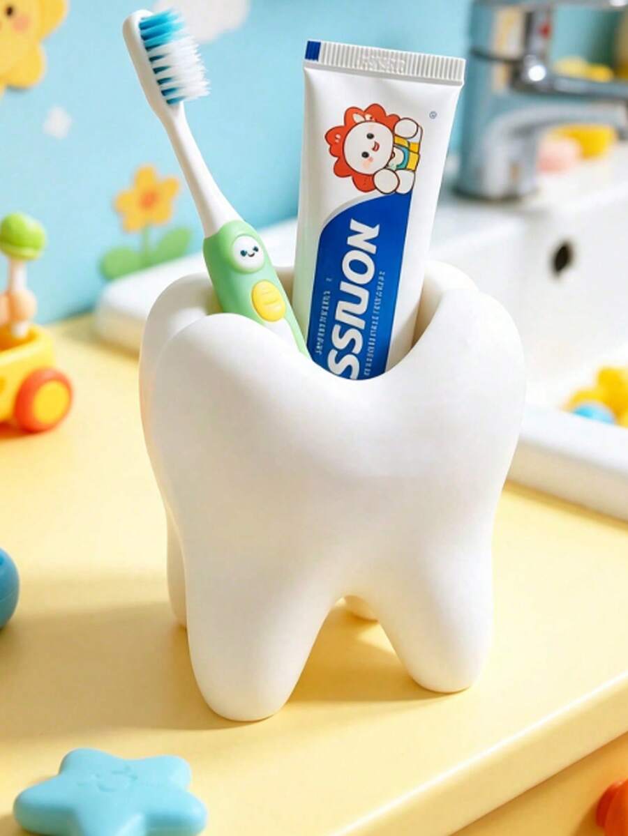 1pc Cute Tooth-Shaped Holder, Desktop Bathroom Storage Rack, Can Store Toothbrush, Toothpaste And Small Bathroom Accessories - White - View 1