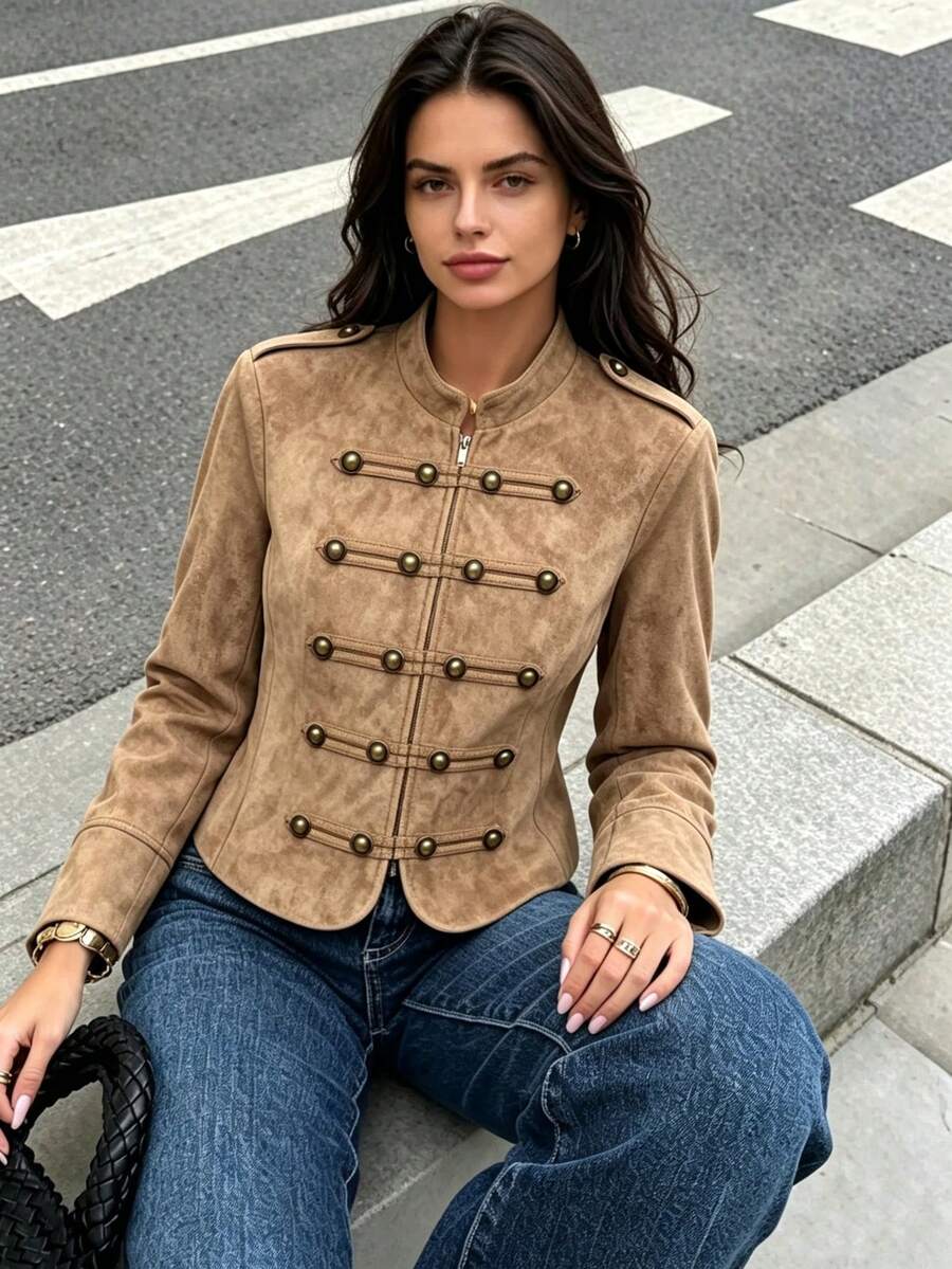 جاكيت نسائي جديد من DEEKA للخريف، بأسلوب أوروبي وأمريكي، تصميم بسيط وعملي متعدد الاستخدامات، بأكمام طويلة وعقدة، بملمس من الجلد المدبوغ - بني - مشاهدة 1