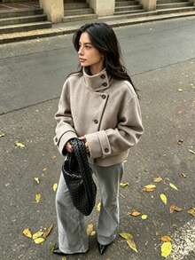 THREADLY Autumn/Winter New Women's European And American Style Fashion Minimalist Versatile Stand Collar Overcoat - Khaki - View 2