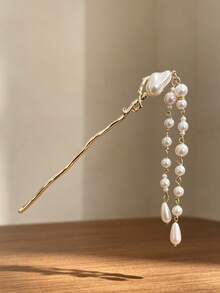 1pc Vintage Branch Textured Metal Hair Stick With Multi-Layer Pearl Tassel Pendant Hair Accessory For Women Back Of Head Bun Styling Wedding Party - Multicolor - View 6