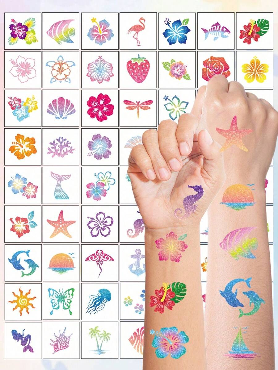 10/6/3pcs Temporary Tattoo Stickers, Combining Colorful Glitter Hibiscus And Marine Life, Vibrant And Realistic Colors, Suitable For Men And Women For Vacation, Travel, Gathering, Party, Daily Use, Waterproof And Durable, Random Styles - Multicolor - View 1