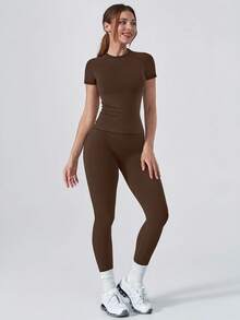 NcmRyu Women's One Set Solid Color Ribbed Seamless Crew Neck Short Sleeve Soft High Waist Ruched Athletic Tight Long Pants Set - Mocha Brown - View 9