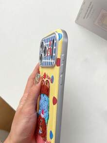 1件韓系Ins風格格紋拼接卡通動物手機殼，適用於Apple 17 Pro Max、16 Pro、13、14 Pro、15 Pro，全包皮革防摔軟殼，女款 - 黃色 - 查看 3