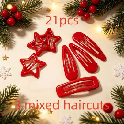 7/21pcs Women's Christmas Color Star & Water Drop Rectangular Hair Clips Set, Red BB Clips Holiday Party Hair Accessories, Side Bangs Clips Christmas Gift Recommendation, Holiday Party Gift