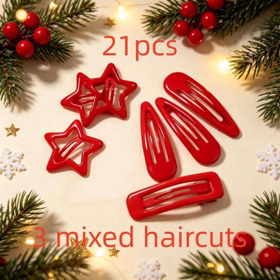 7/21pcs Women's Christmas Color Star & Water Drop Rectangular Hair Clips Set, Red BB Clips Holiday Party Hair Accessories, Side Bangs Clips Christmas Gift Recommendation, Holiday Party Gift - Red - View 1