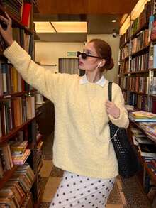 Solid Color Round Neck Loose Fit Long Sleeve College Style Women's Sweater, Autumn/Winter - Apricot - View 3