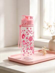 Garrafa De Água Com Padrão De Flor Rosa De 500ml, Copo De Água De Plástico Simples E Transparente, 1 Unidade - Rosa chiclete - Visão 10