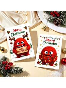 6Pcs Christmas Greeting Cards With 6 Envelopes, Cute Red Fluffy Monster Xmas Note Cards, Merry Christmas Holiday Cards For Family Friends Gift Greeting - Multicolor - View 2