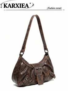 1pc Vintage Distressed Leather Motorcycle Bag, Decorated With Rivets And Buckles, Soft Touch, Folding Details, Cloud Shape, Suitable For Shoulder Or Crossbody Wear, Suitable For Work, Commute, Date And Party Occasions - Brown - View 5
